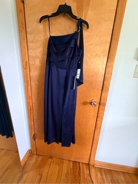 Adrianna Papell Navy One-Shoulder Ruffle Maxi Skirt